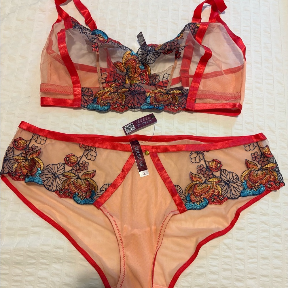 Adore Me Sheer Embroidered Lingerie Set - Orange Floral